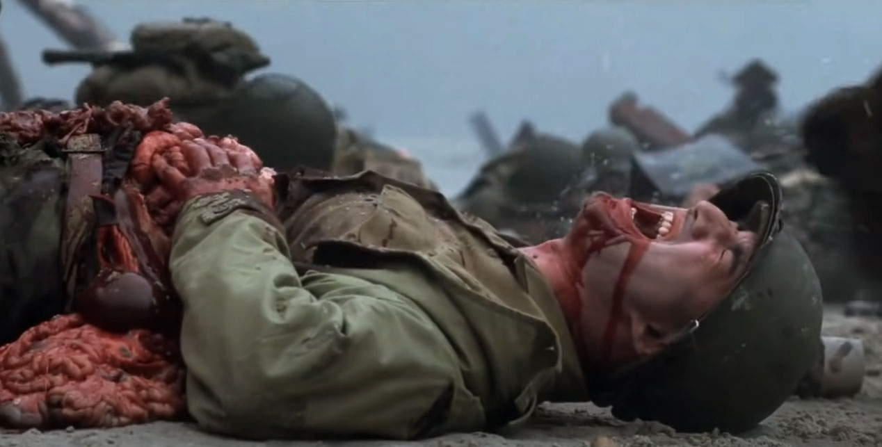 A GI dies on Omaha Beach in Saving Private Ryan